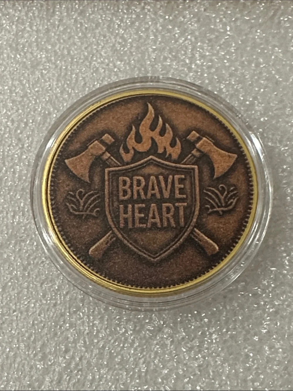 Antique Bronze Firefighter Challenge Coin with Gold Rim